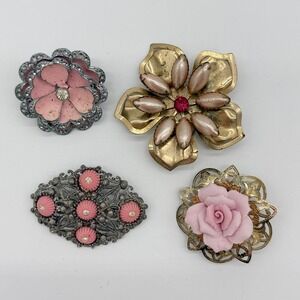 Vintage Pink Flower Brooch‎ Lot 4pc Rhinestone Enamel Filigree Floral Pins